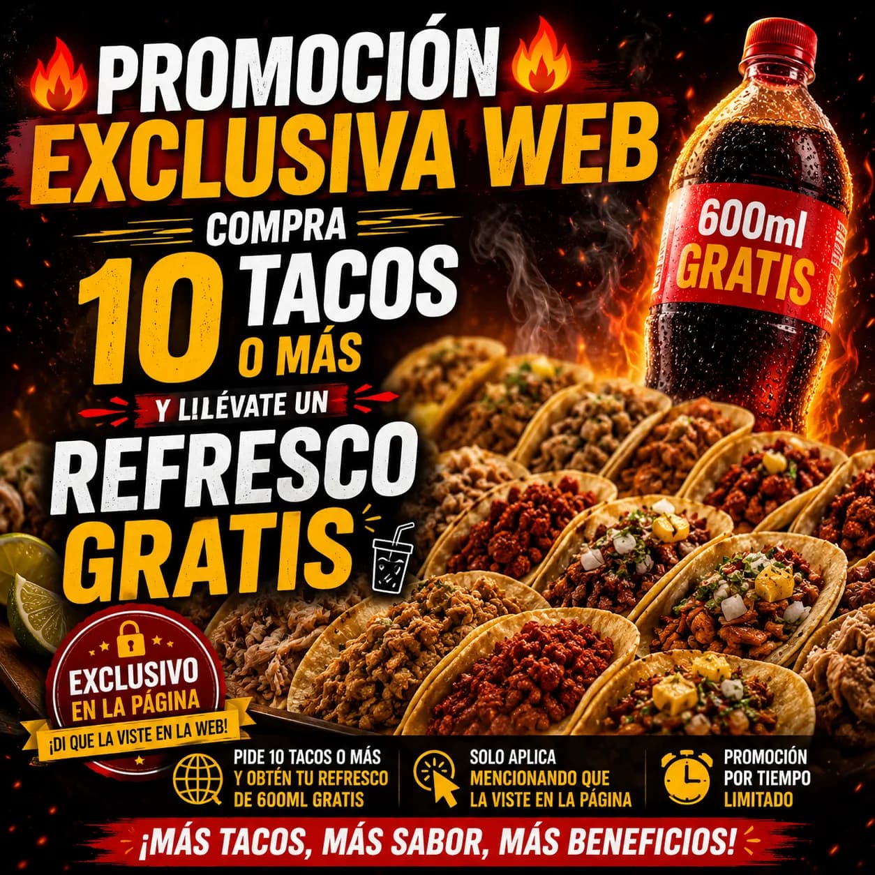 Promocion exclusiva de Quissland: Compra 10 tacos y refresco gratis